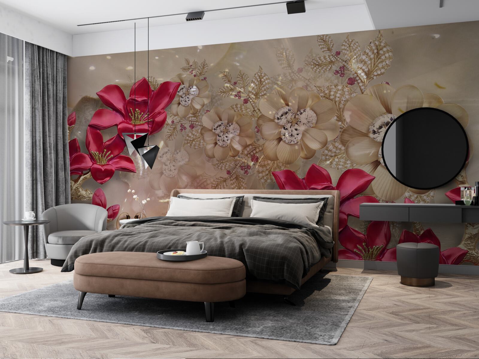 Carta da parati i rami rossi sono decorati con oro e perle