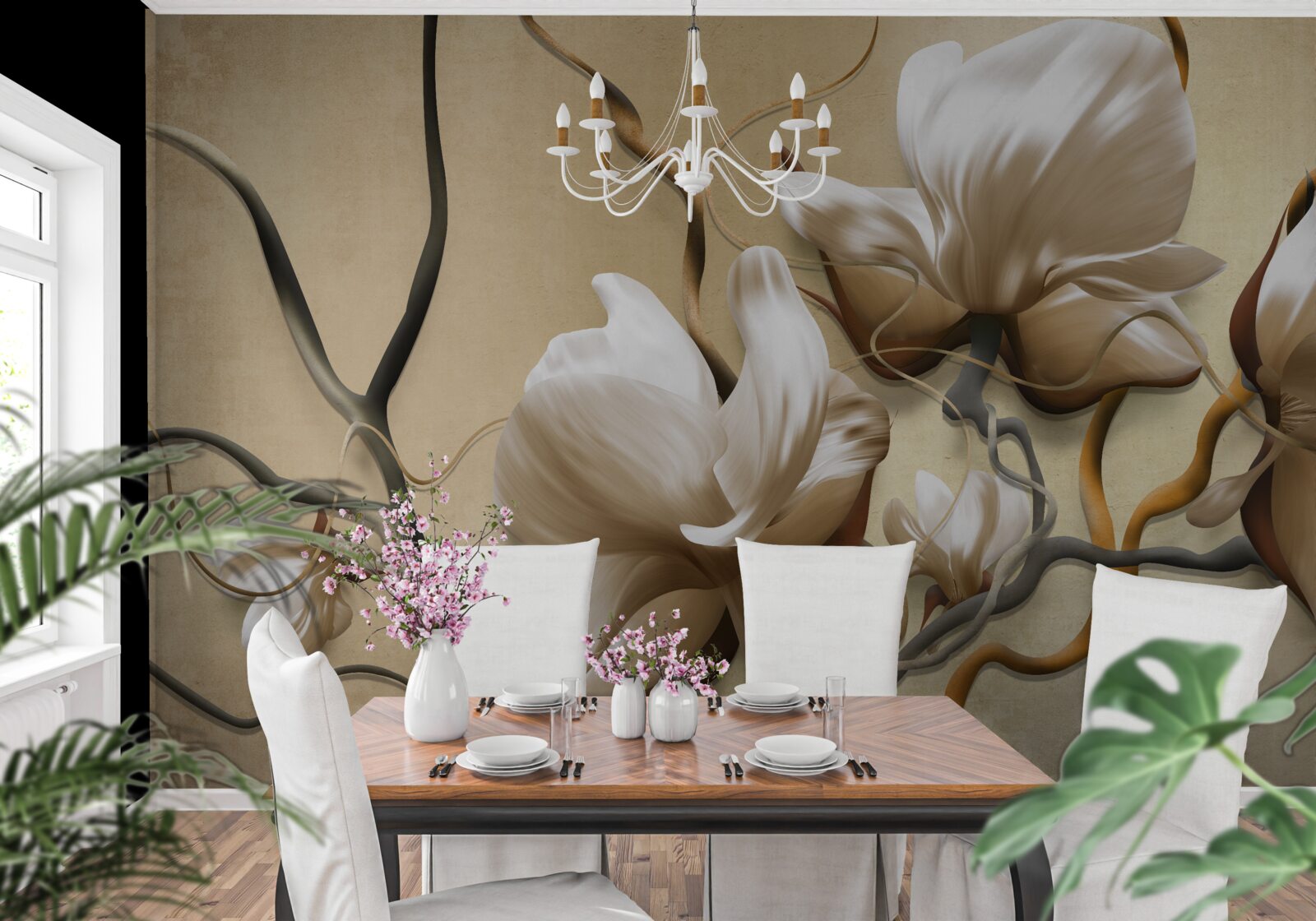 Carta da parati rami eleganti decorati con fiori bianchi