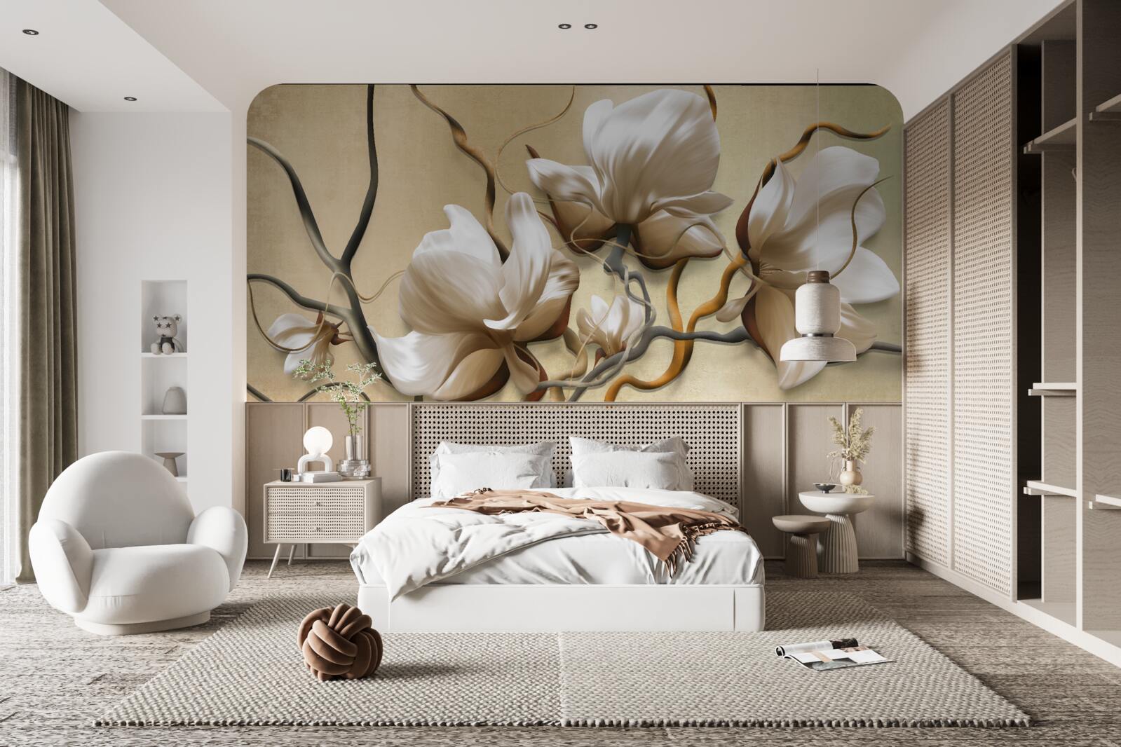 Carta da parati rami eleganti decorati con fiori bianchi