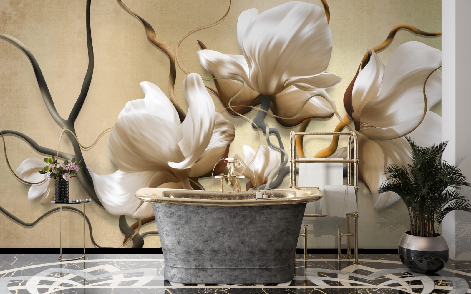Carta da parati rami eleganti decorati con fiori bianchi