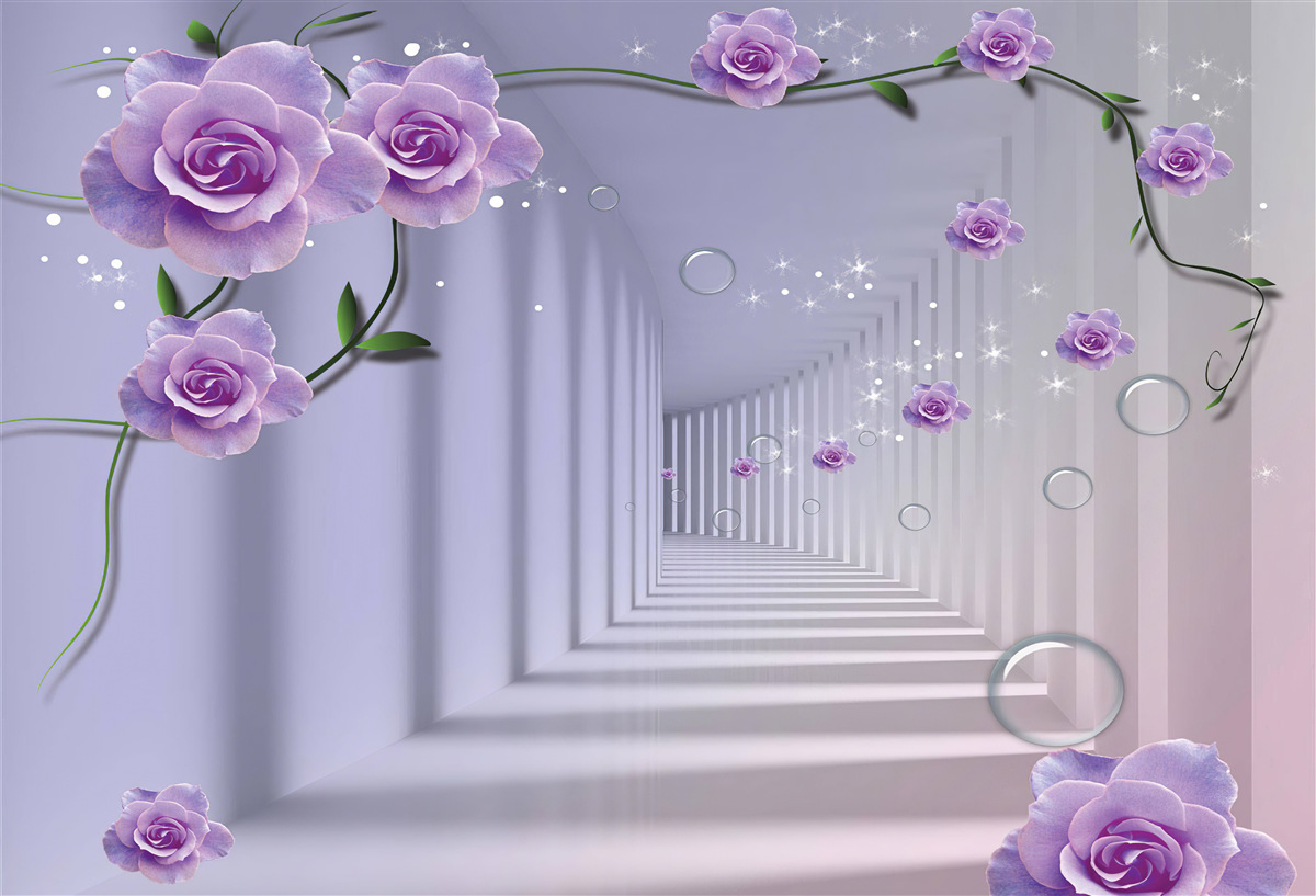 Carta da parati nel tunnel sbocciano delicati boccioli di fiori blu