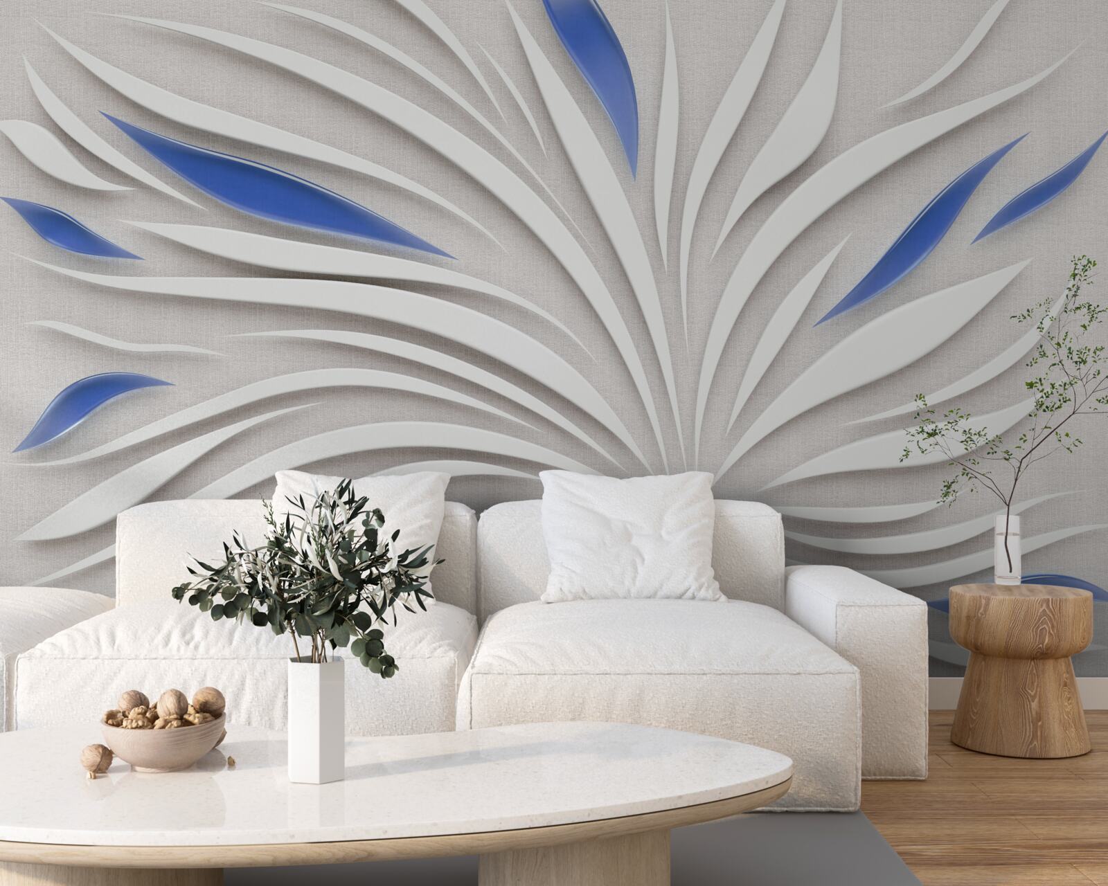 Carta da parati fiore bianco astratto con petali blu