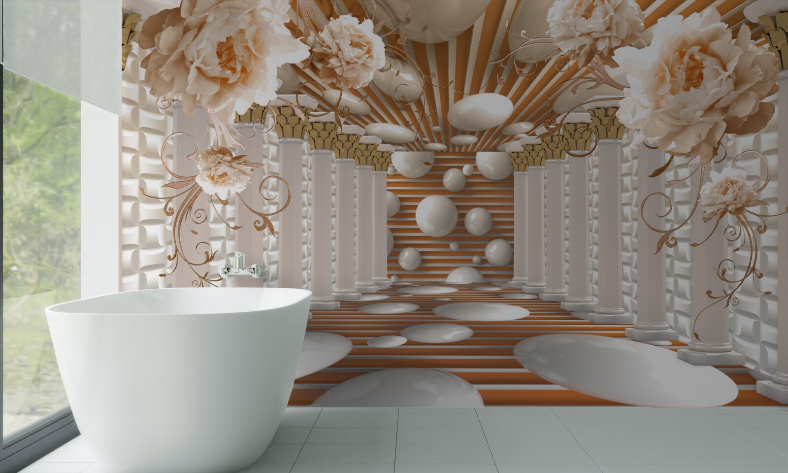 Carta da parati tunnel astratto decorato con fiori e palline