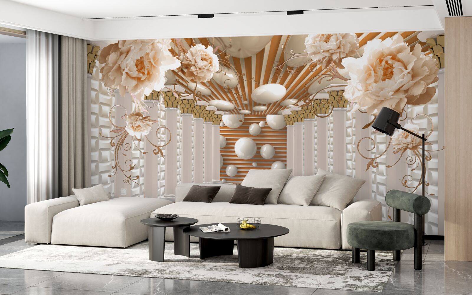 Carta da parati tunnel astratto decorato con fiori e palline