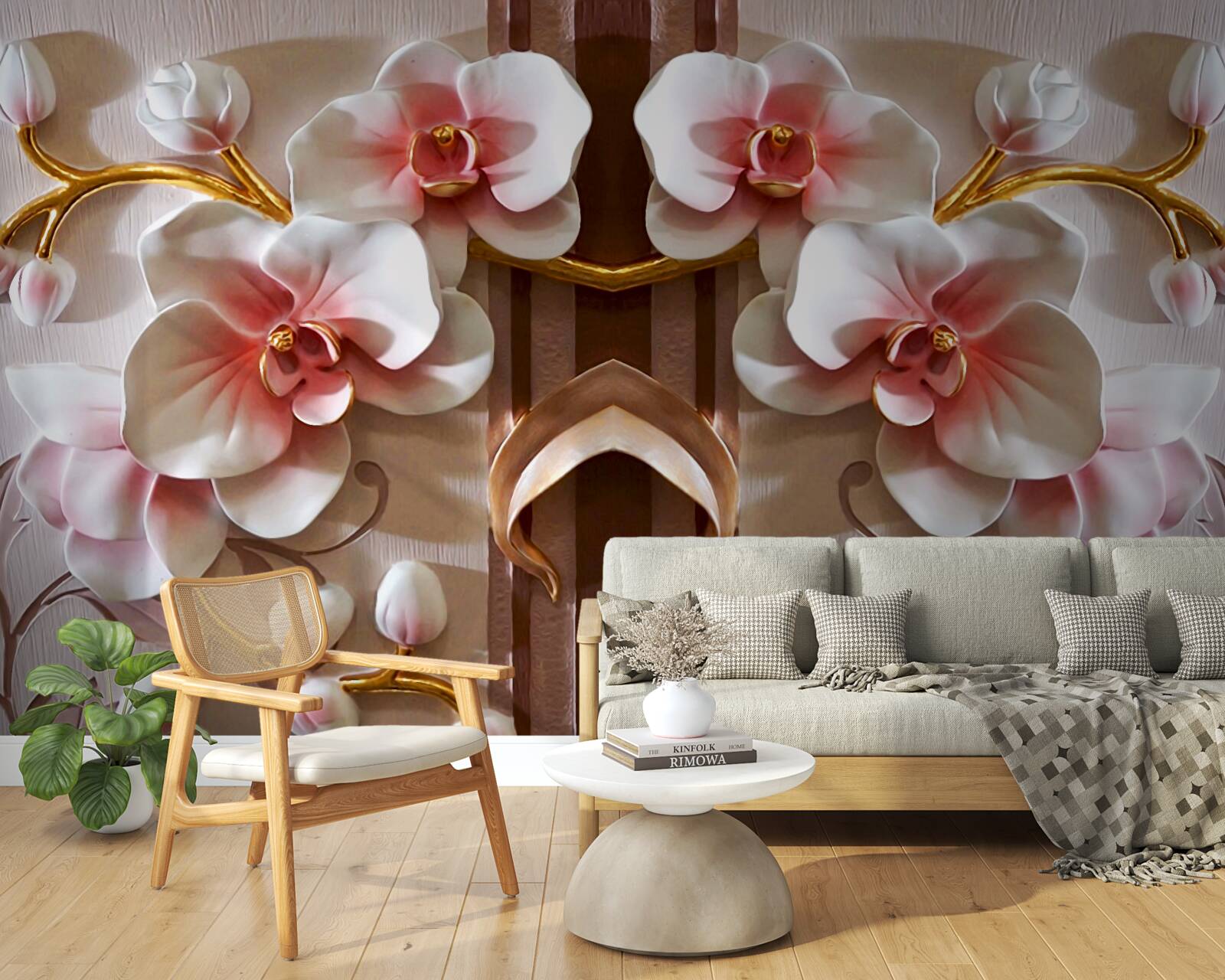 Carta da parati le orchidee bianche si stagliano delicatamente contro l'oro dei rami