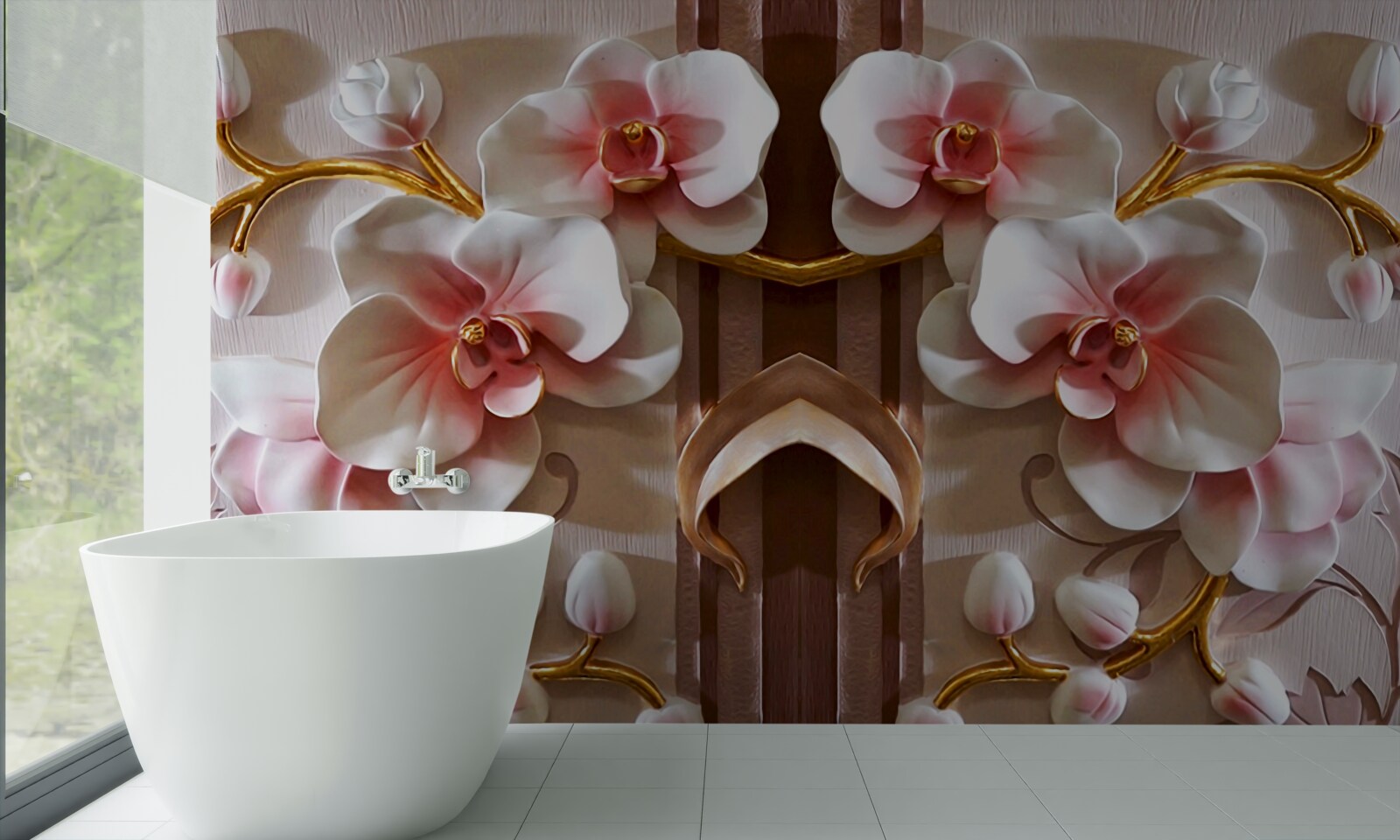 Carta da parati le orchidee bianche si stagliano delicatamente contro l'oro dei rami