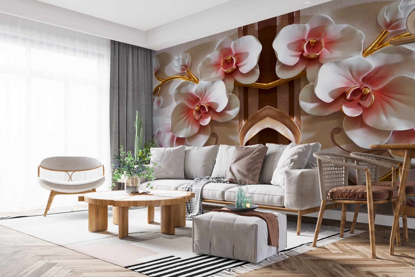 Carta da parati le orchidee bianche si stagliano delicatamente contro l'oro dei rami