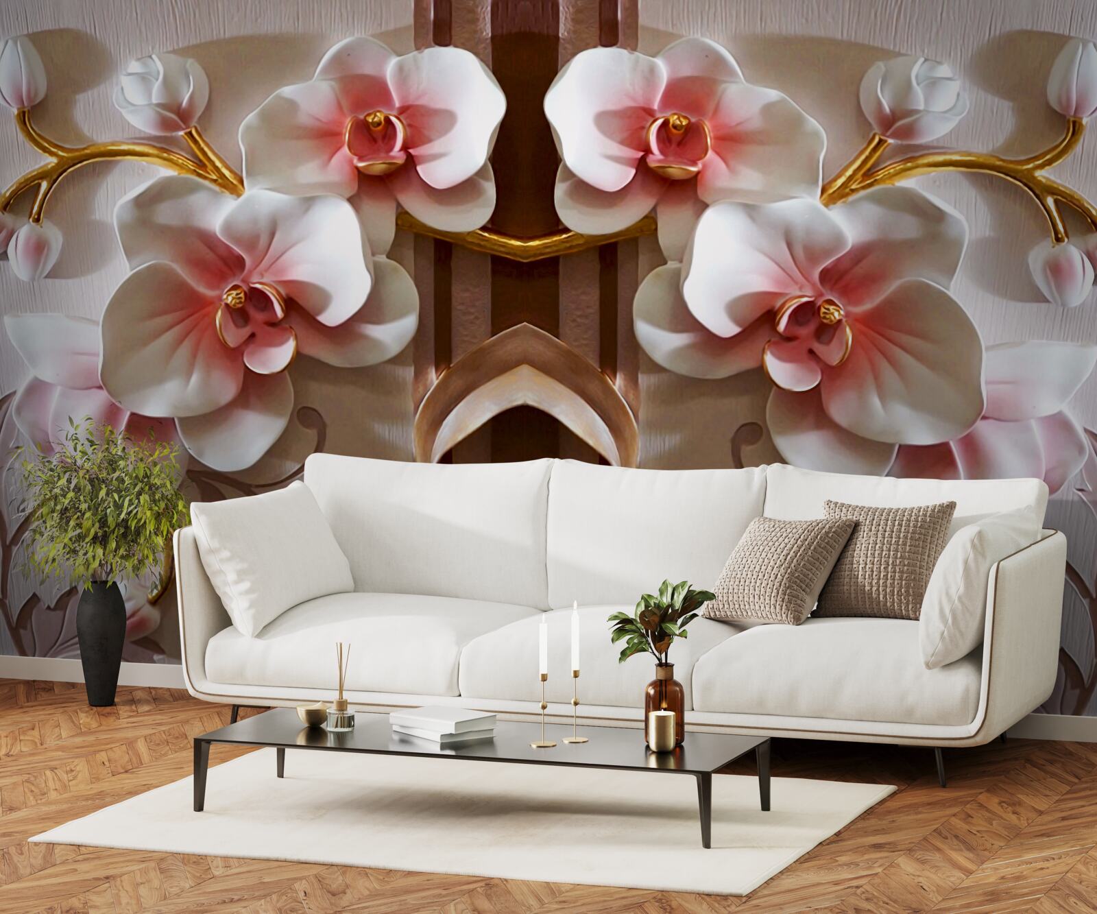 Carta da parati le orchidee bianche si stagliano delicatamente contro l'oro dei rami