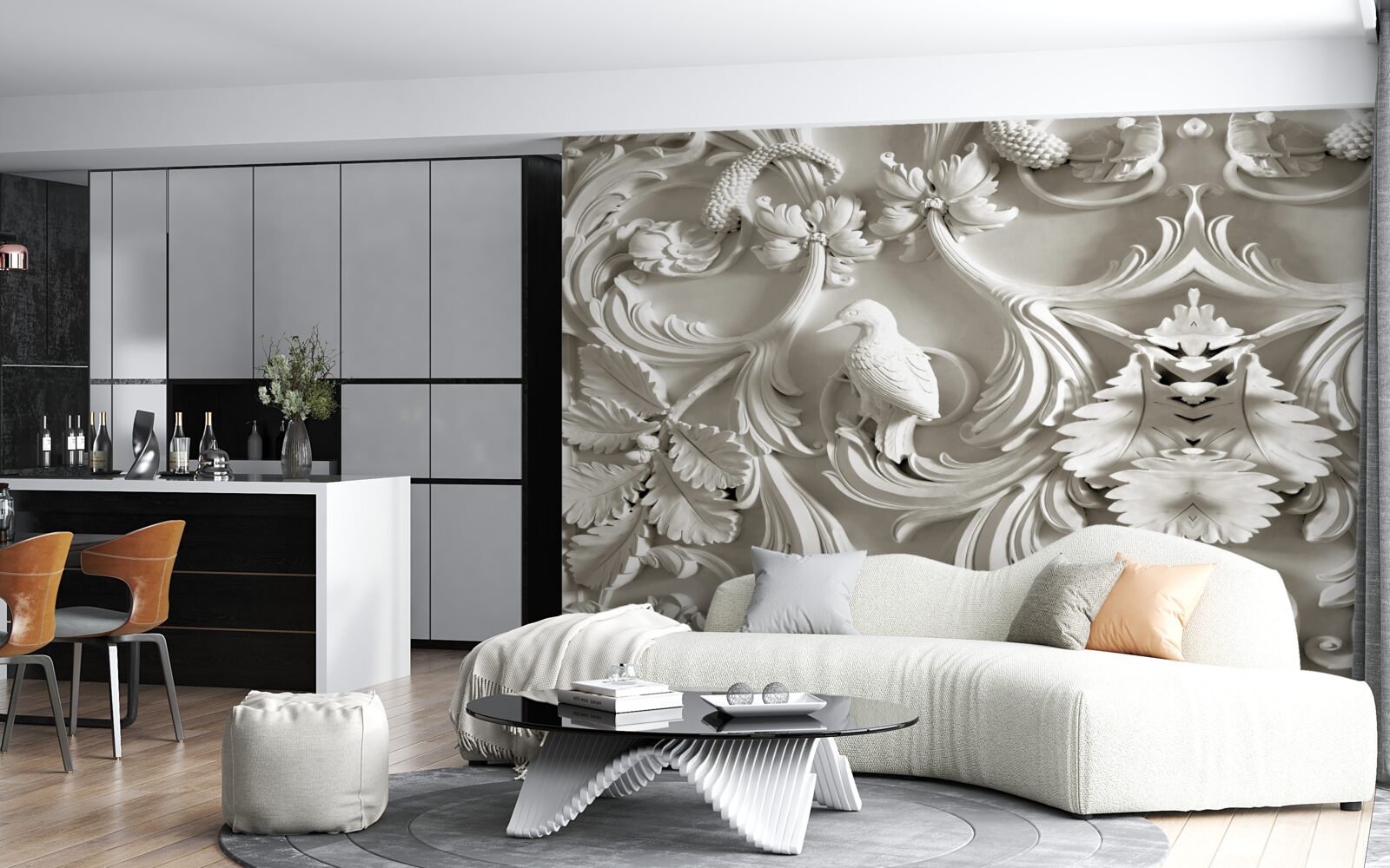 Carta da parati rilievo bianco in gesso