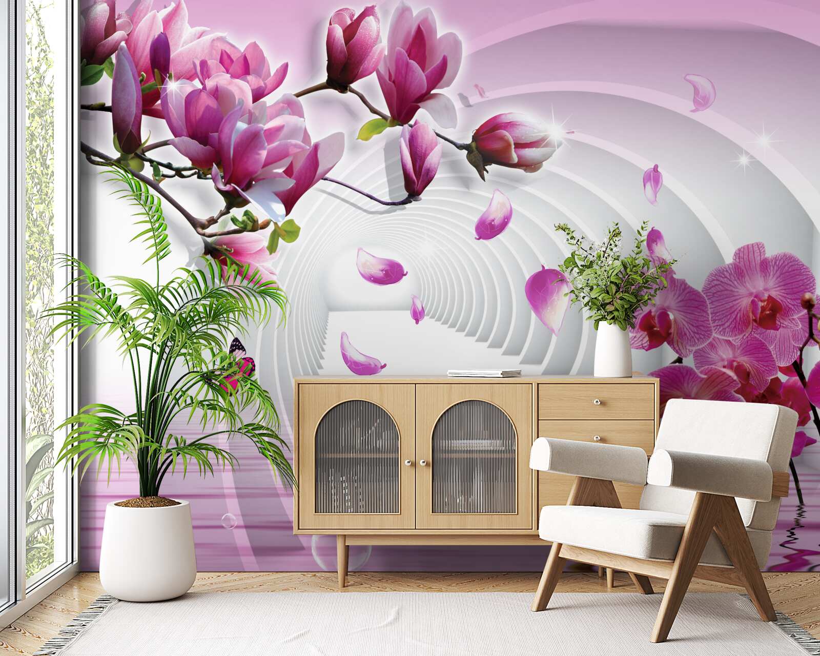 Carta da parati collage di delicati fiori di magnolia viola