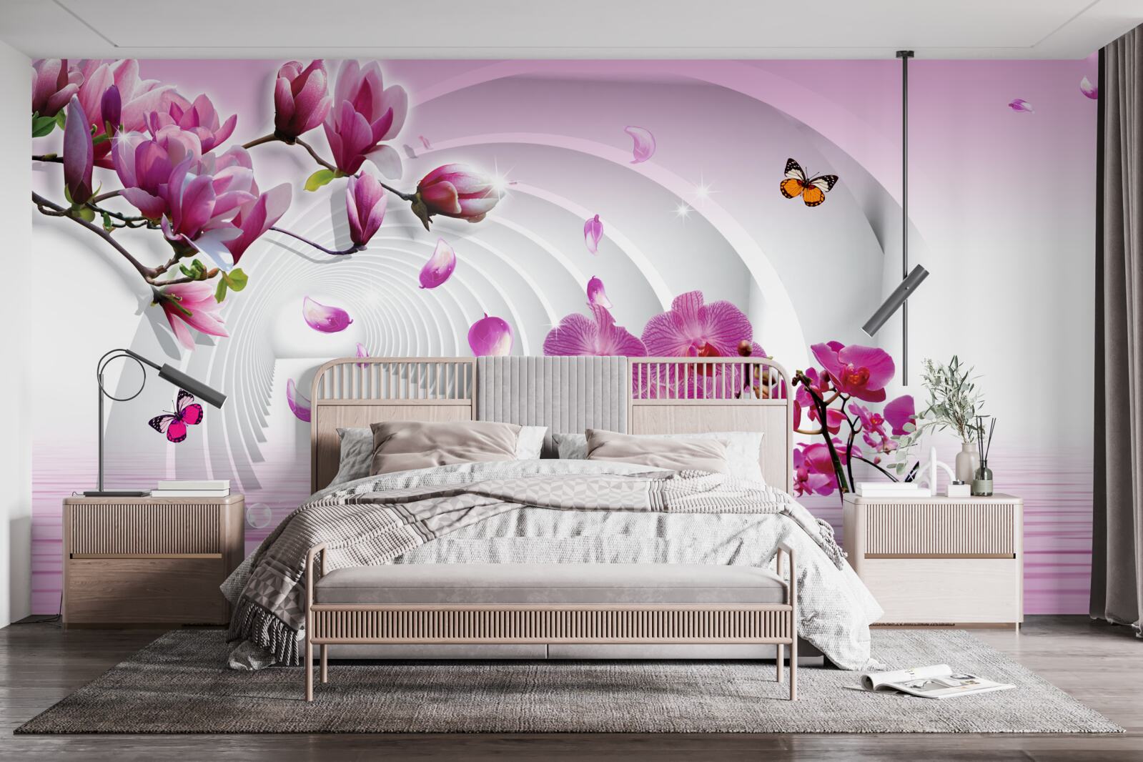 Carta da parati collage di delicati fiori di magnolia viola