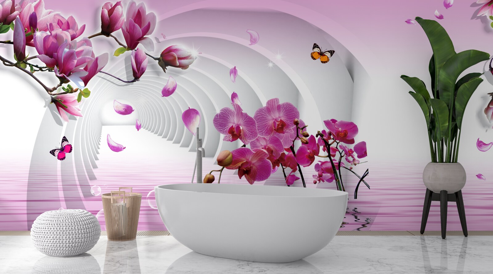 Carta da parati collage di delicati fiori di magnolia viola