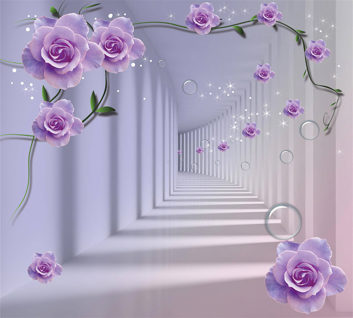 Carta da parati in prospettiva, un tunnel decorato con una rosa viola