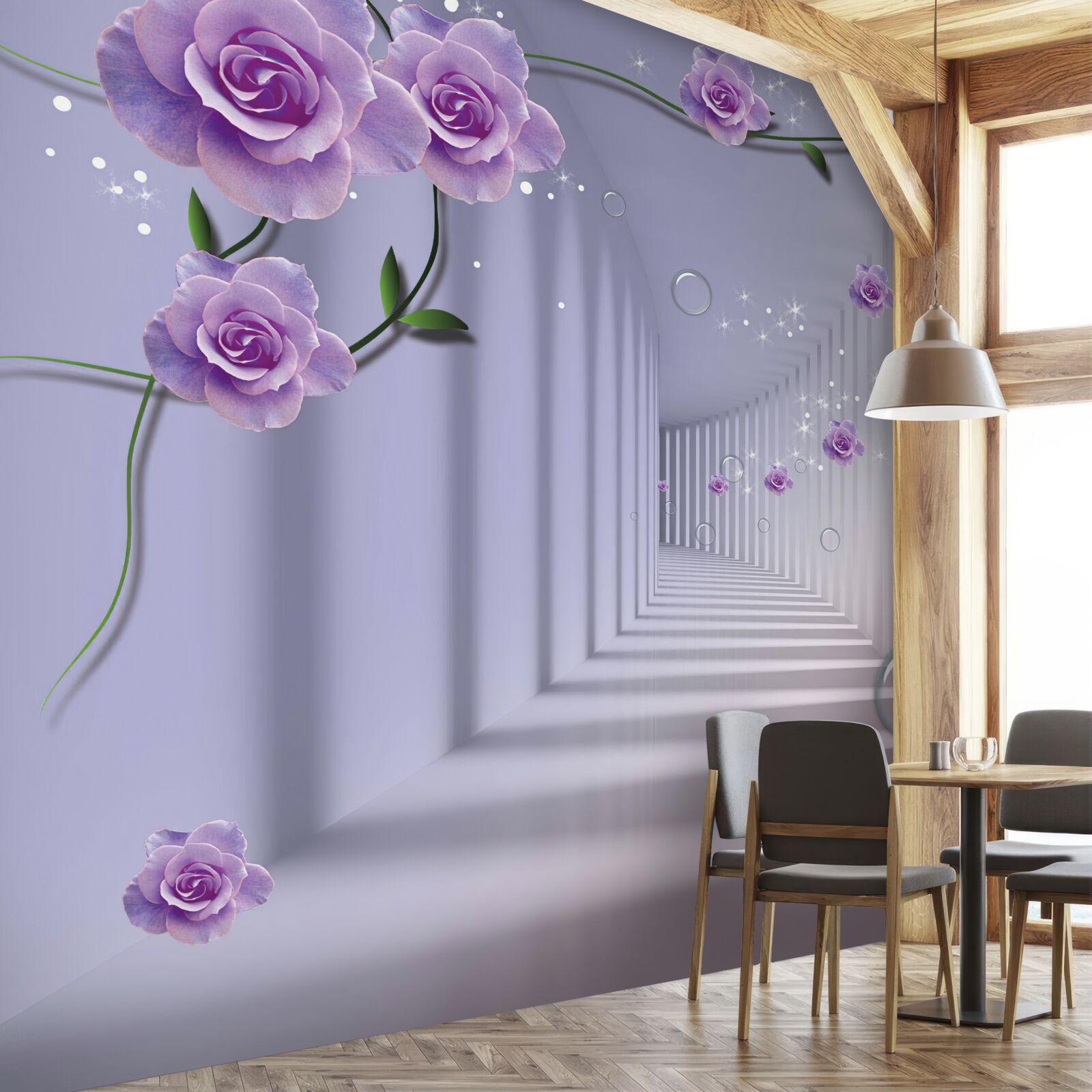Carta da parati in prospettiva, un tunnel decorato con una rosa viola