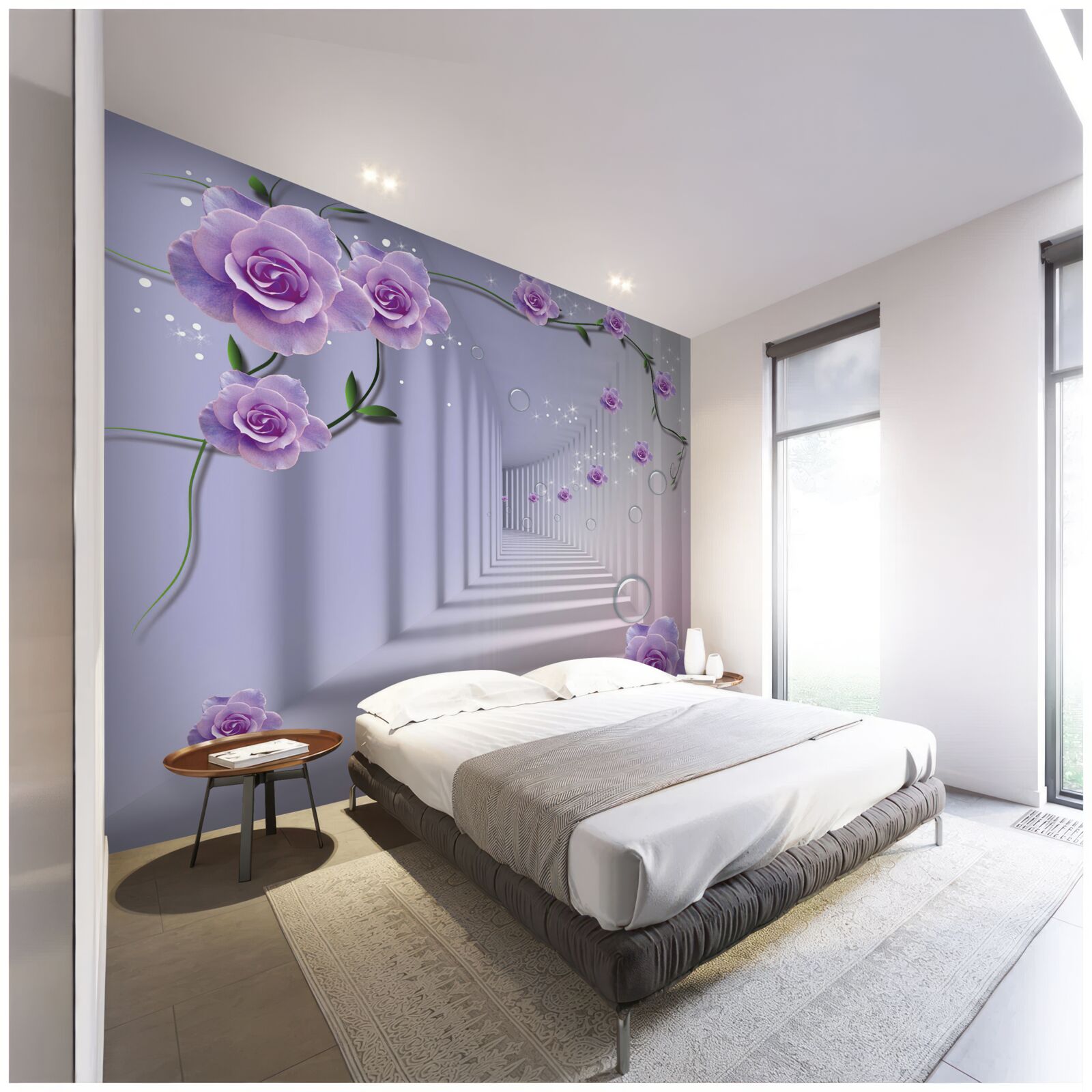 Carta da parati in prospettiva, un tunnel decorato con una rosa viola