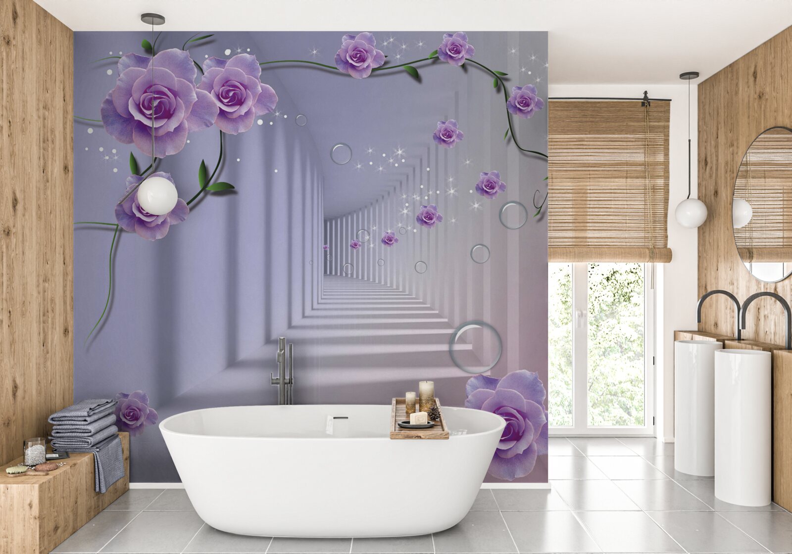 Carta da parati in prospettiva, un tunnel decorato con una rosa viola