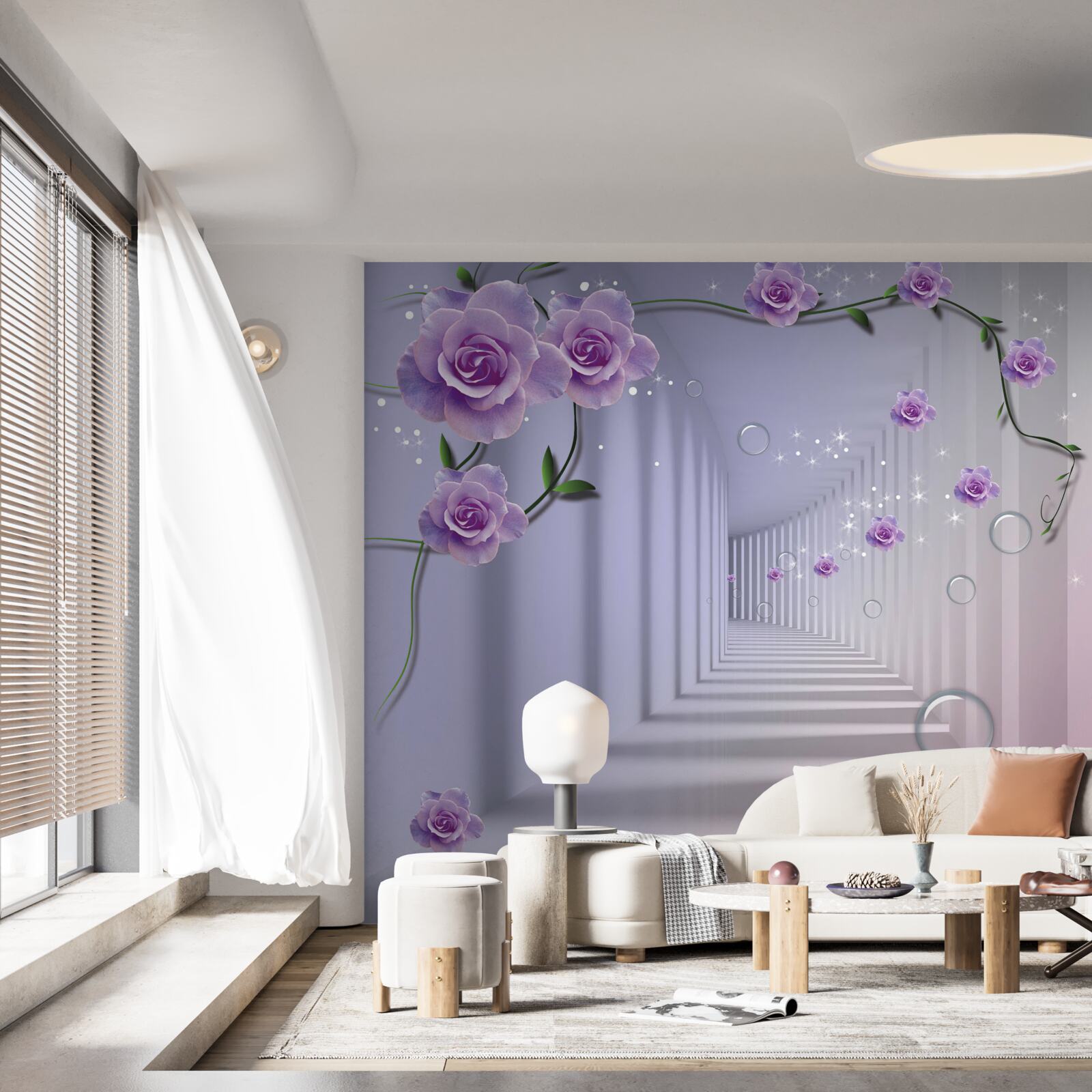 Carta da parati in prospettiva, un tunnel decorato con una rosa viola