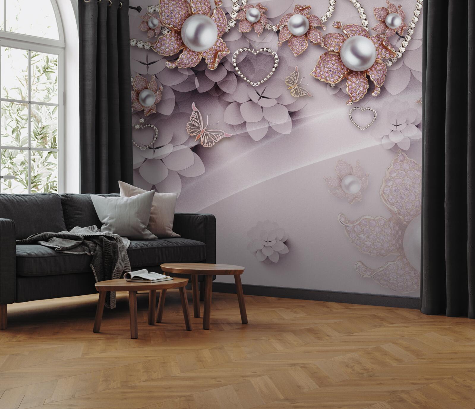 Carta da parati il centro è caratterizzato da perle circondate da delicati fiori rosa