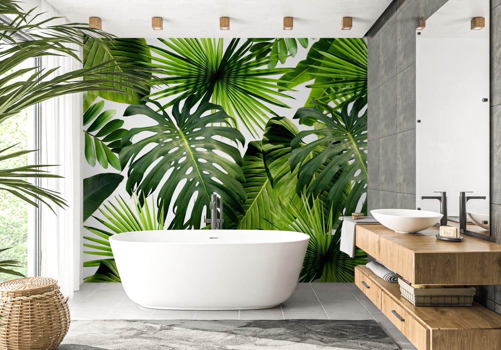 Carta da parati monstera e foglie di banano su sfondo bianco, con densità