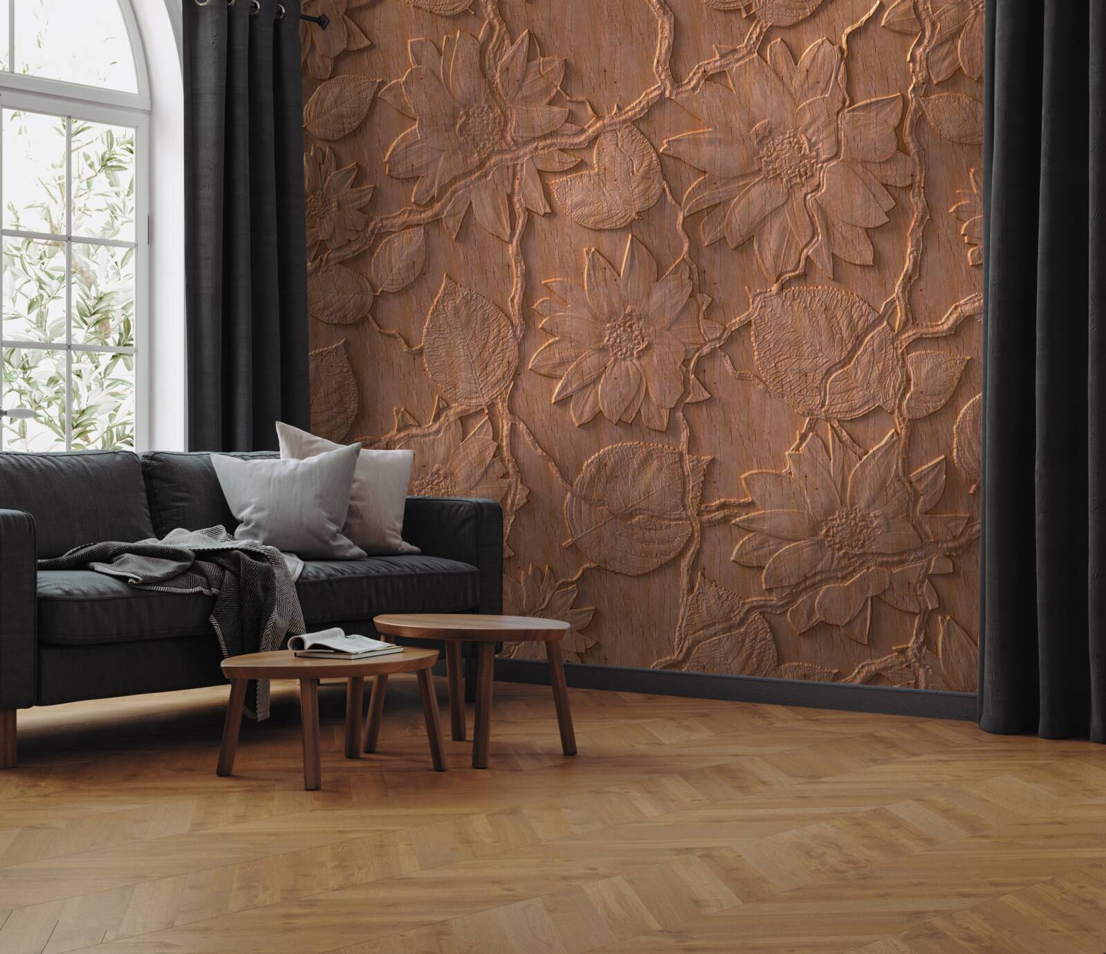 Carta da parati gesso con fiori, in legno grezzo
