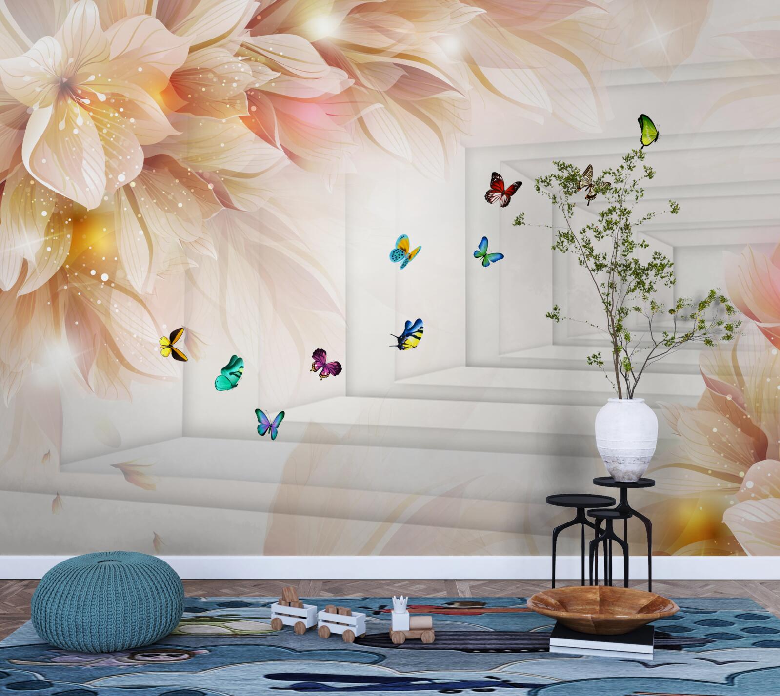 Carta da parati il tunnel è pieno di colori: fiori e farfalle colorate
