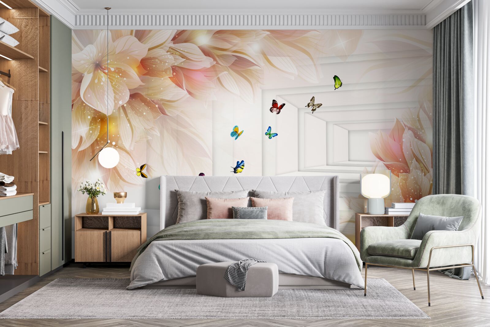 Carta da parati il tunnel è pieno di colori: fiori e farfalle colorate