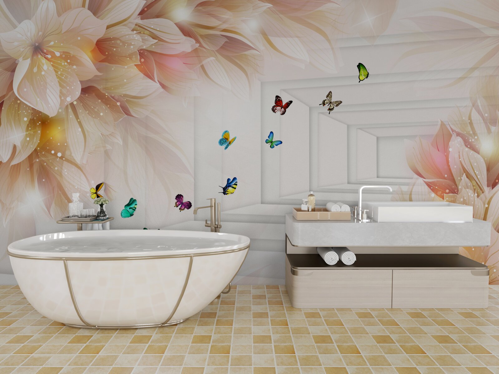 Carta da parati il tunnel è pieno di colori: fiori e farfalle colorate