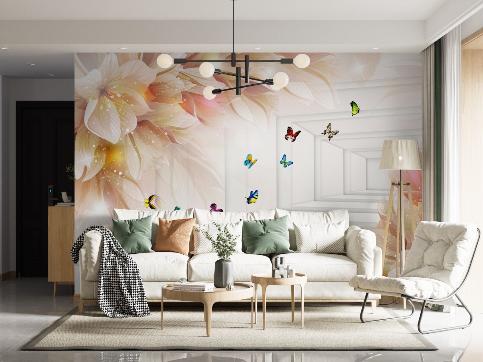 Carta da parati il tunnel è pieno di colori: fiori e farfalle colorate