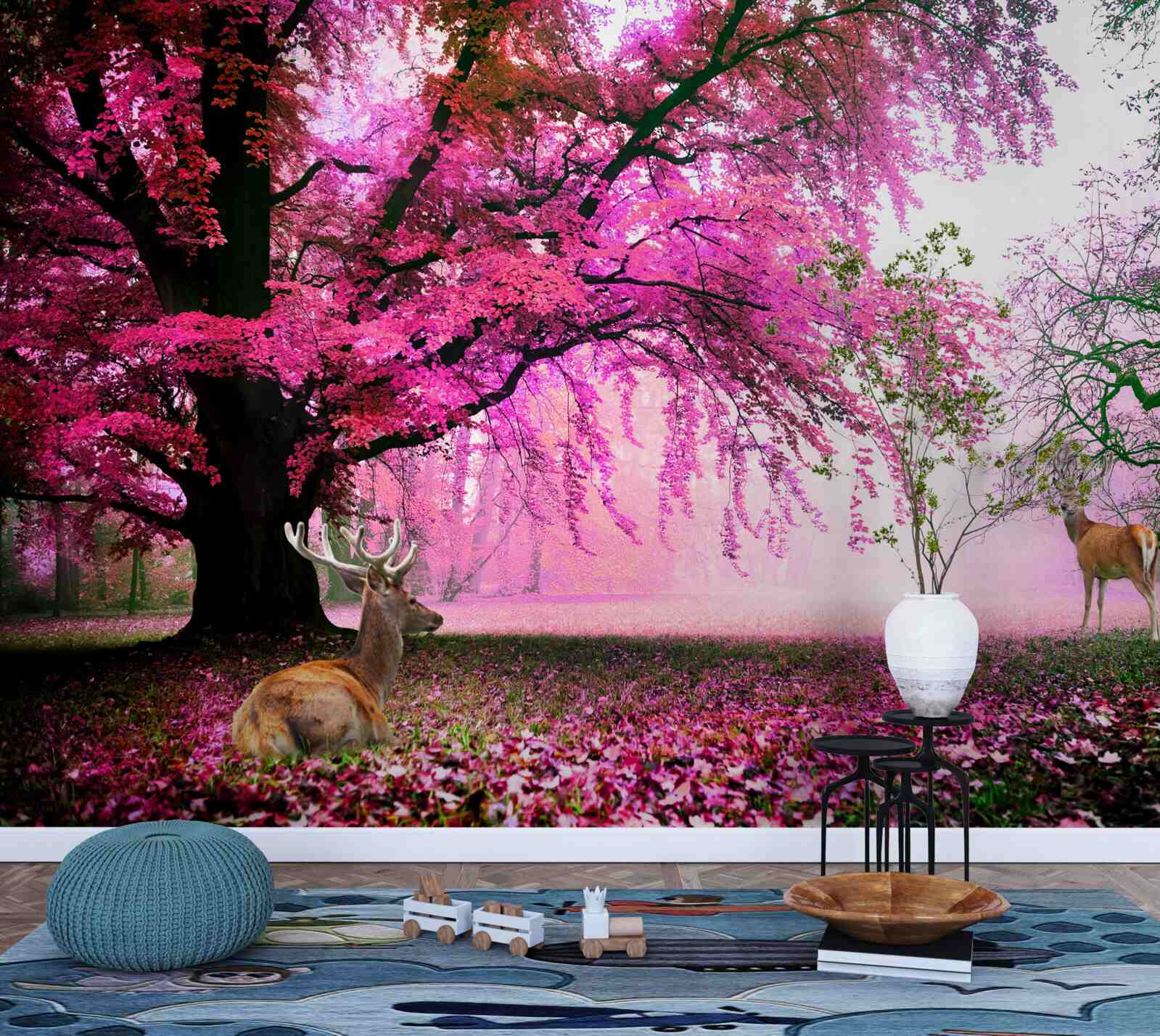 Carta da parati sakura in rosa vola intorno