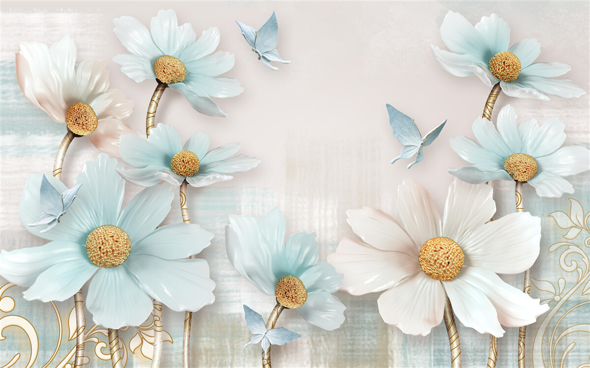 Carta da parati grandi fiori bianchi e blu