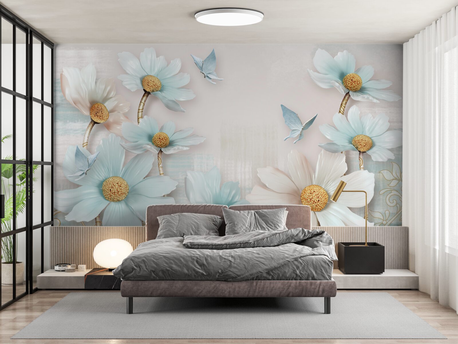 Carta da parati grandi fiori bianchi e blu