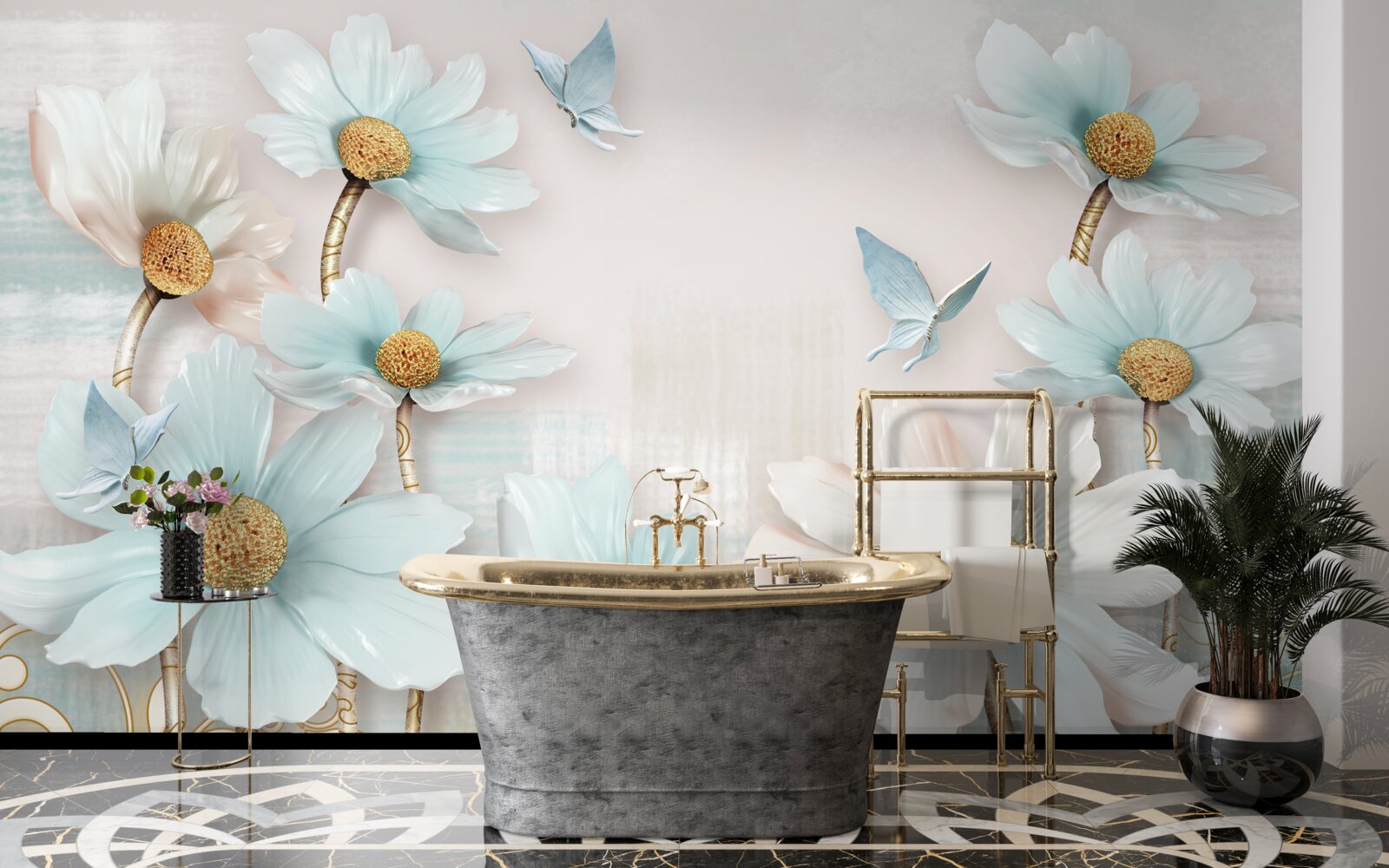 Carta da parati grandi fiori bianchi e blu