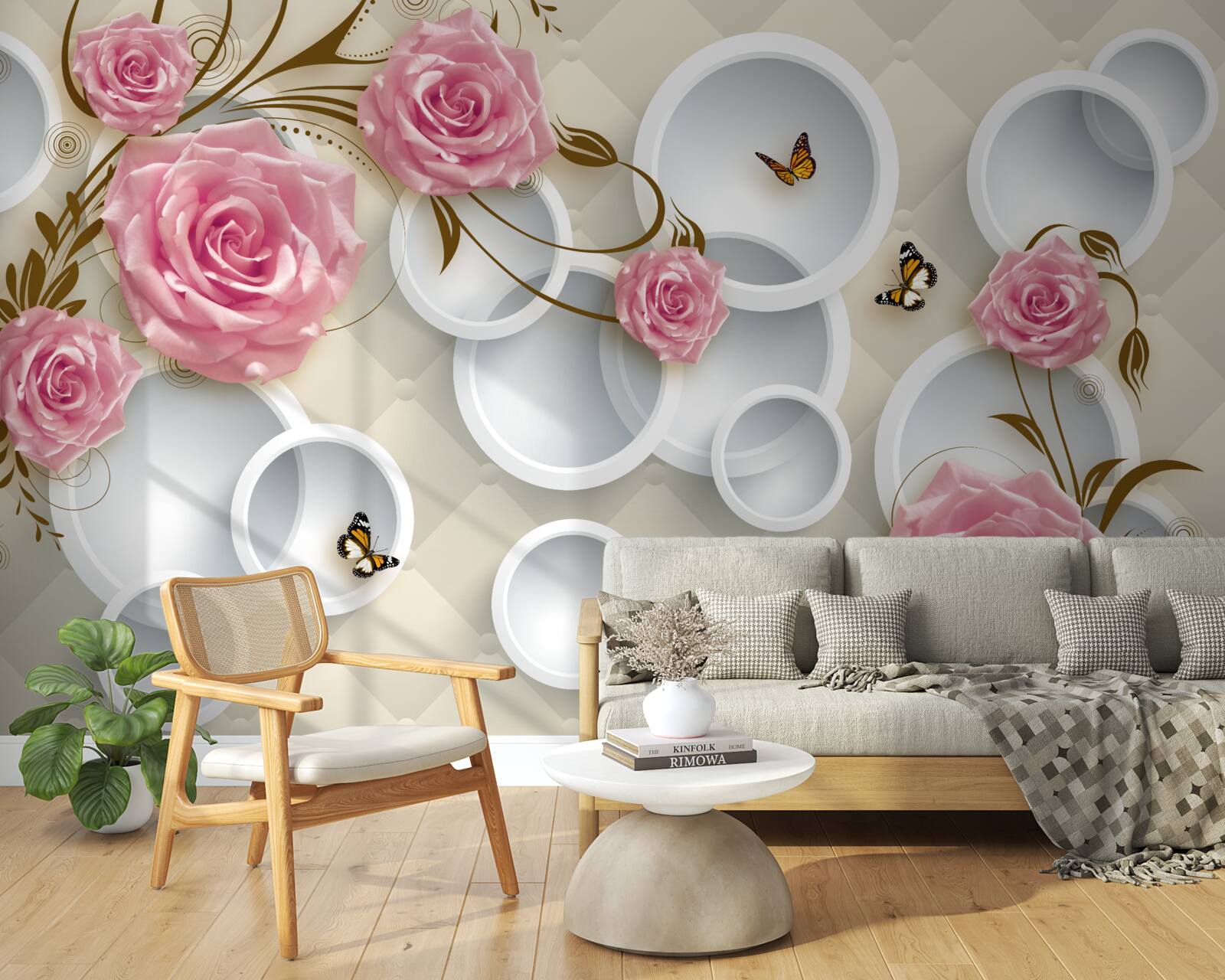 Carta da parati su uno sfondo geometrico una rosa delicata in un cespuglio rosa