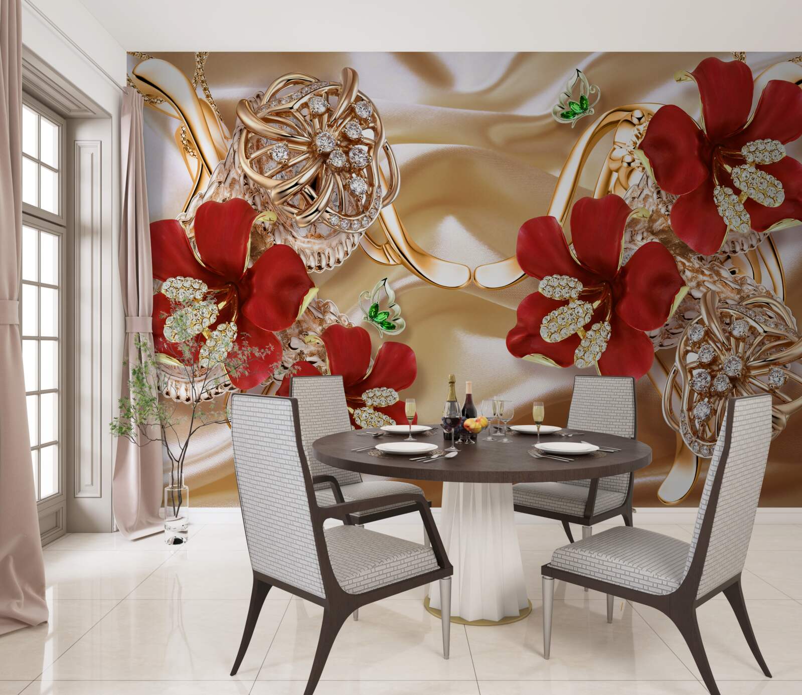 Carta da parati boccioli rossi decorati con elementi decorativi su seta dorata