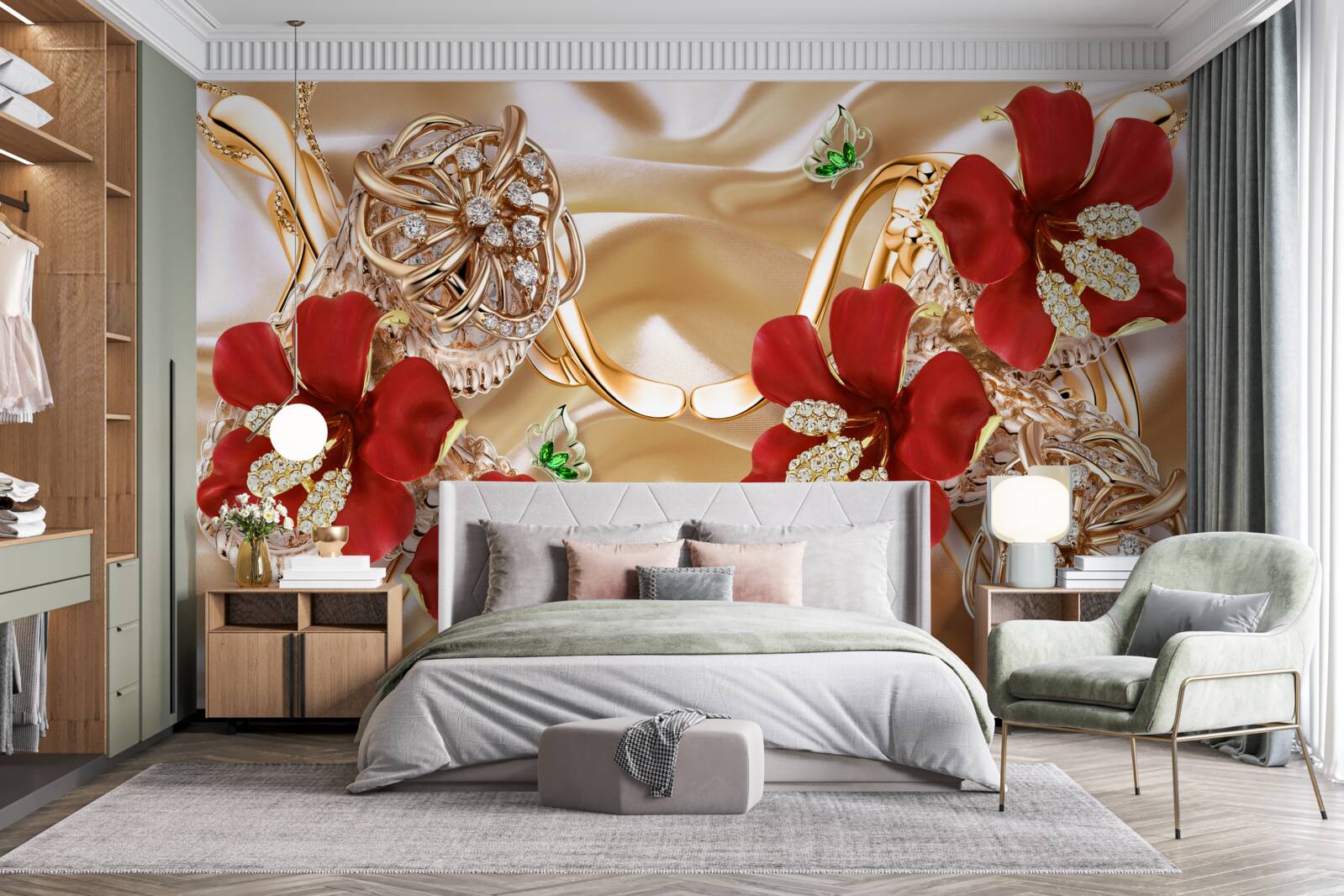 Carta da parati boccioli rossi decorati con elementi decorativi su seta dorata