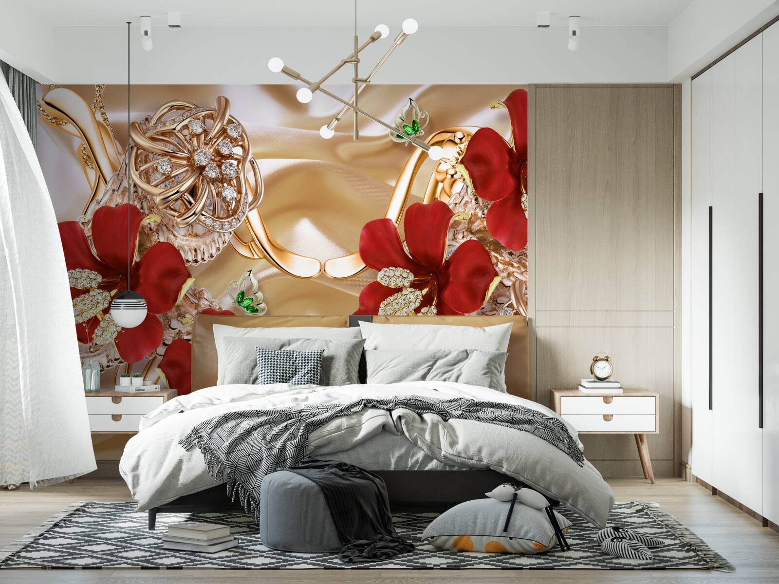 Carta da parati boccioli rossi decorati con elementi decorativi su seta dorata