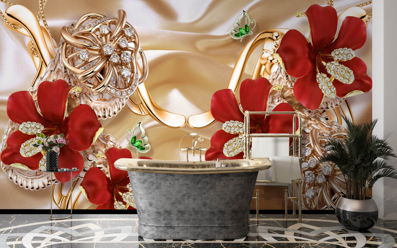 Carta da parati boccioli rossi decorati con elementi decorativi su seta dorata