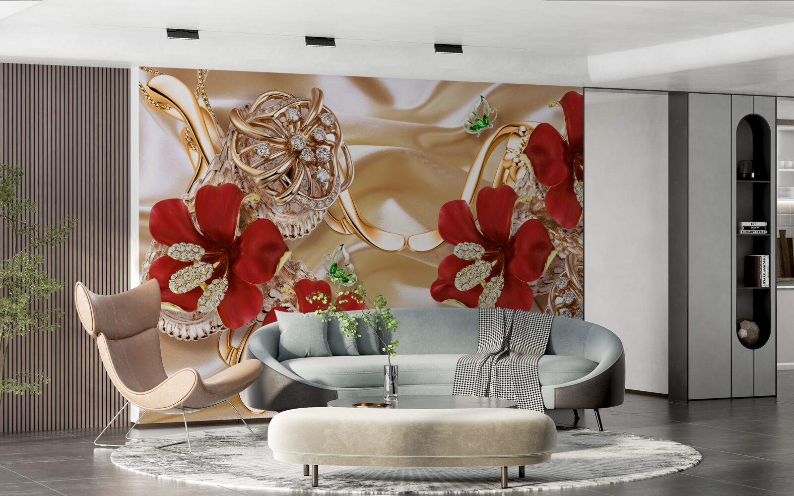 Carta da parati boccioli rossi decorati con elementi decorativi su seta dorata