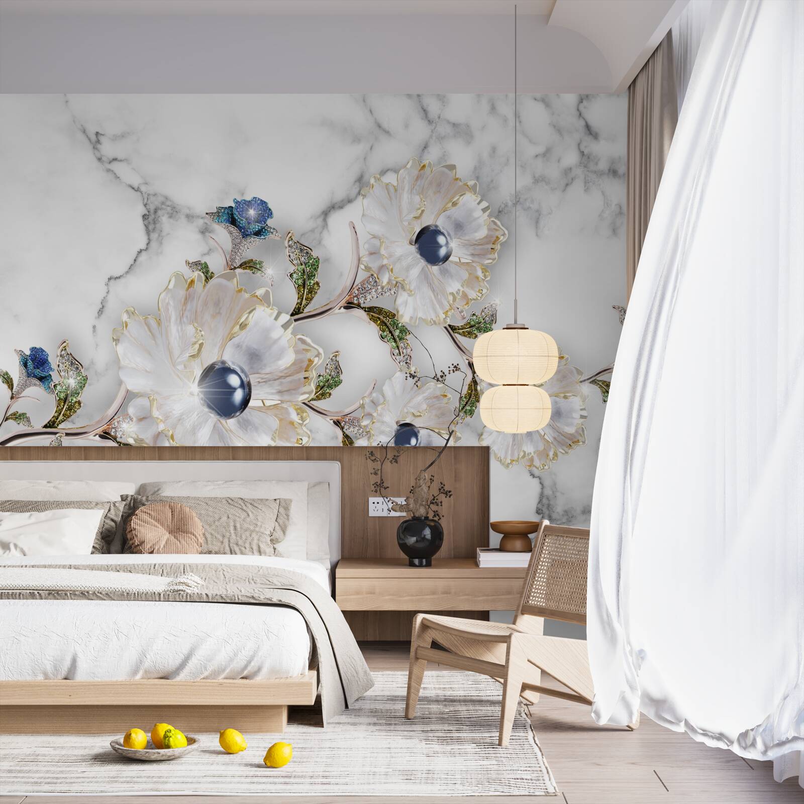 Carta da parati il marmo è decorato con fiori bianchi e perle