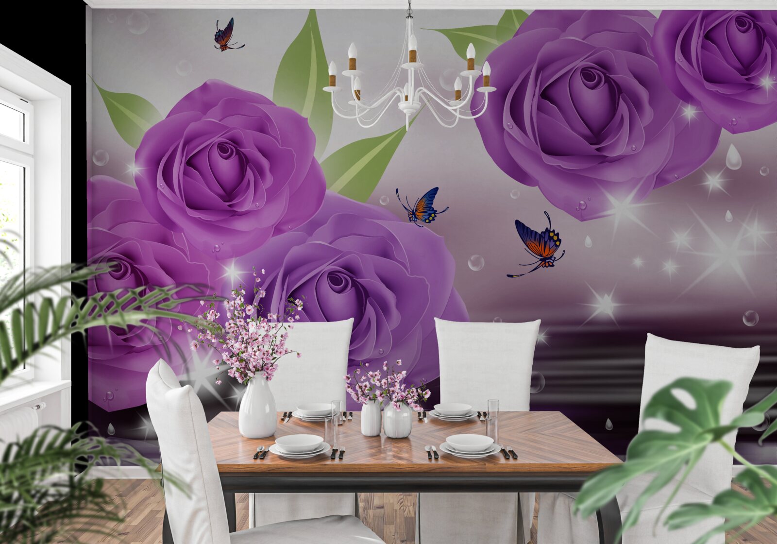 Carta da parati le farfalle e le rose hanno il colore dei lillà viola scuro
