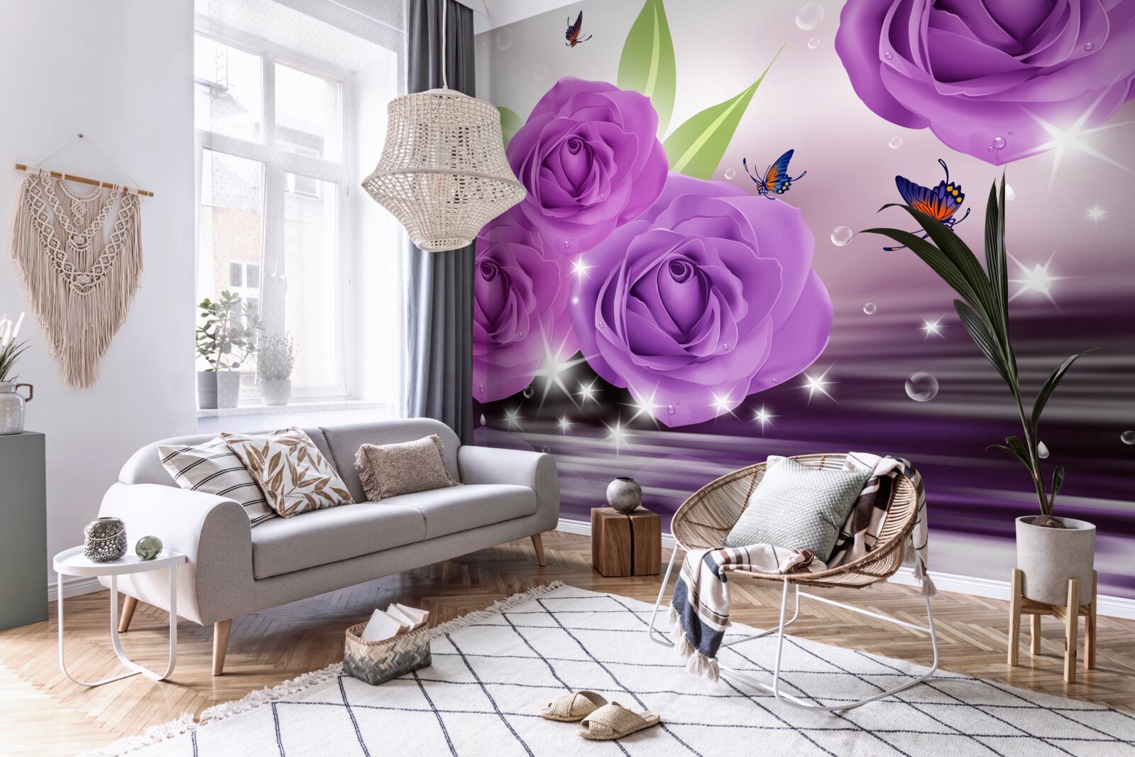 Carta da parati le farfalle e le rose hanno il colore dei lillà viola scuro