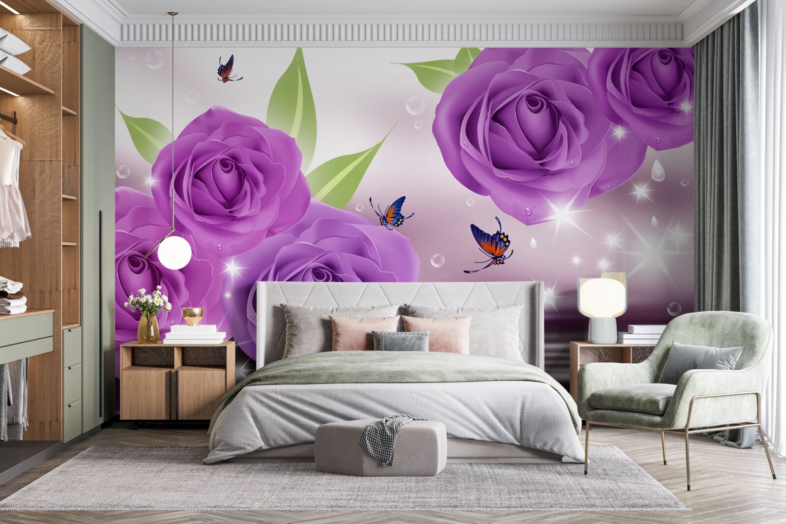 Carta da parati le farfalle e le rose hanno il colore dei lillà viola scuro