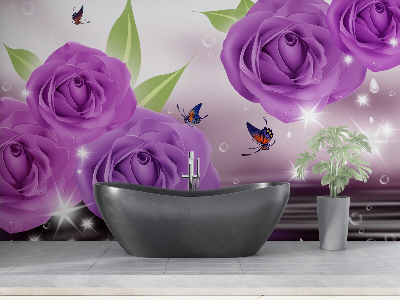 Carta da parati le farfalle e le rose hanno il colore dei lillà viola scuro