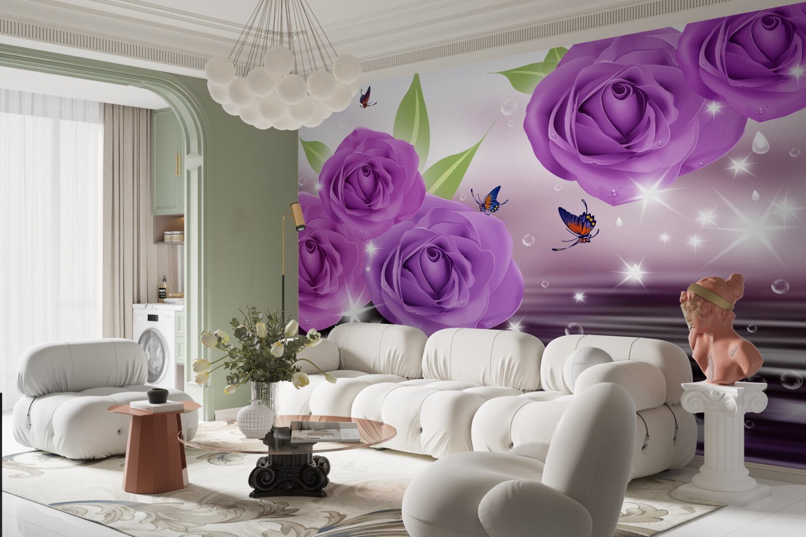 Carta da parati le farfalle e le rose hanno il colore dei lillà viola scuro