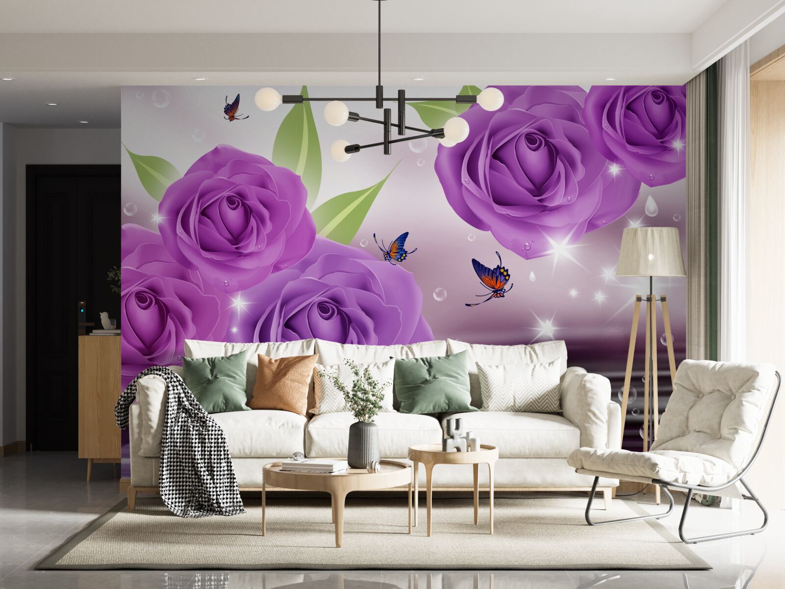 Carta da parati le farfalle e le rose hanno il colore dei lillà viola scuro