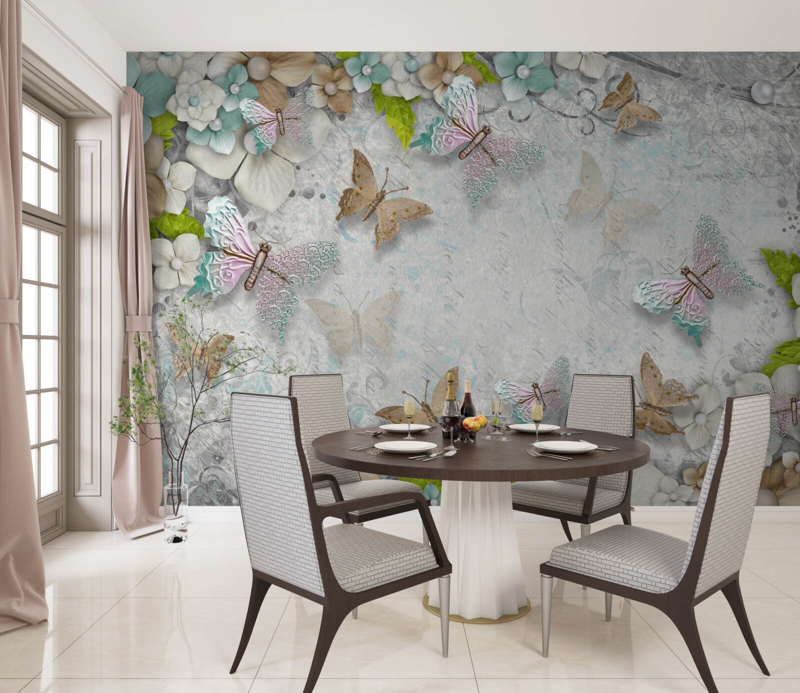 Carta da parati sfondo morbido decorato con fiori e farfalle