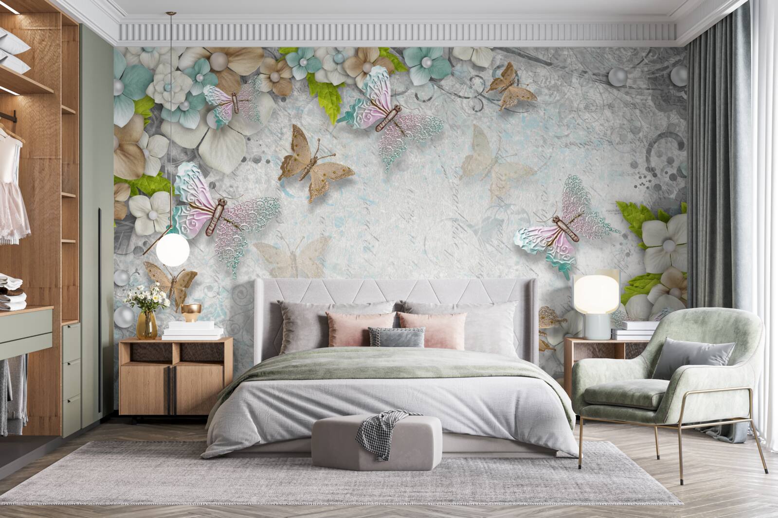 Carta da parati sfondo morbido decorato con fiori e farfalle
