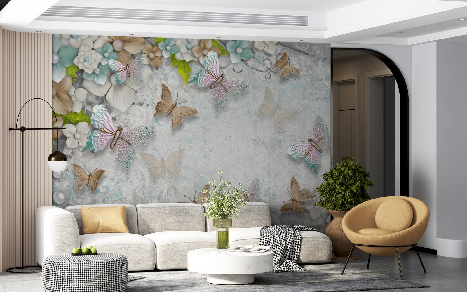 Carta da parati sfondo morbido decorato con fiori e farfalle