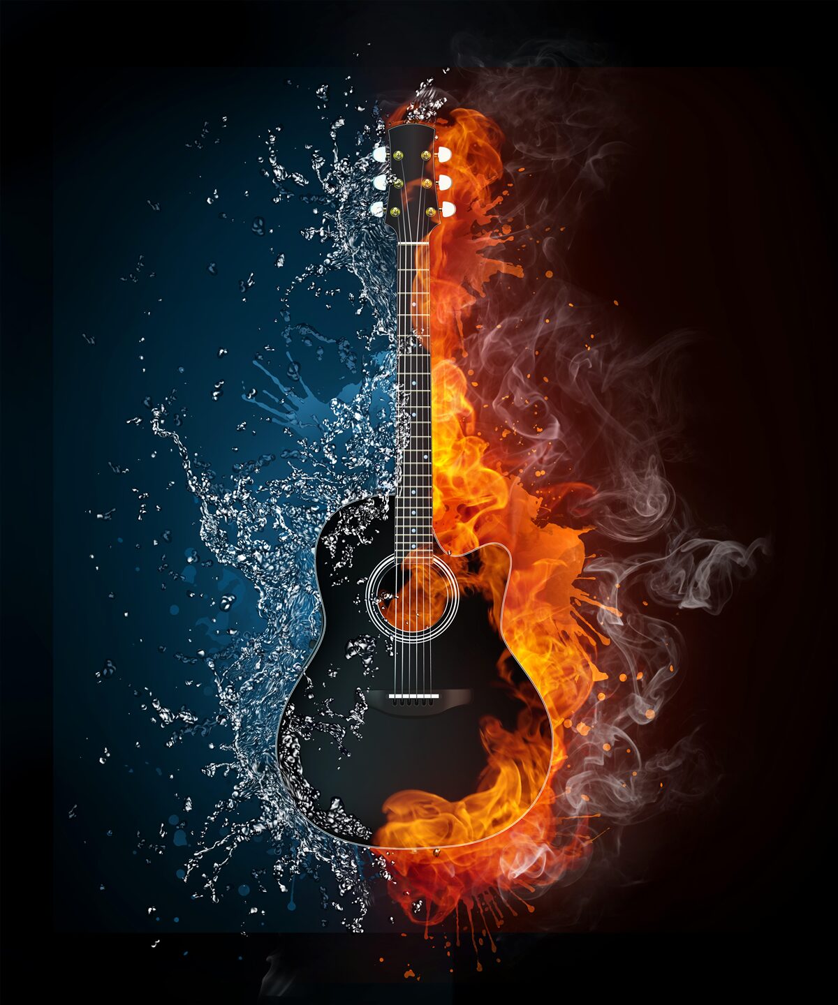 Carta da parati acqua e fuoco circondano la chitarra