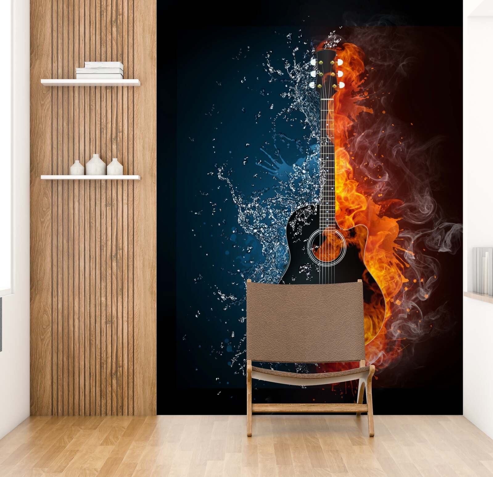 Carta da parati acqua e fuoco circondano la chitarra